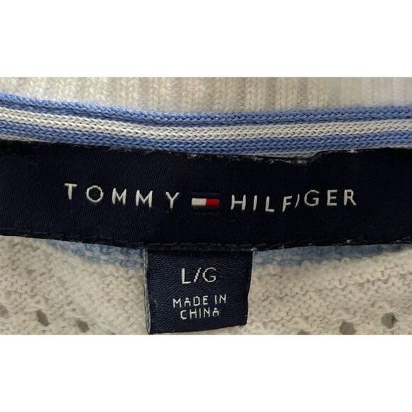 Tommy Hilfiger 100% Cotton Blue and White Striped Crewneck Short Sleeve Sweater - Picture 3 of 4